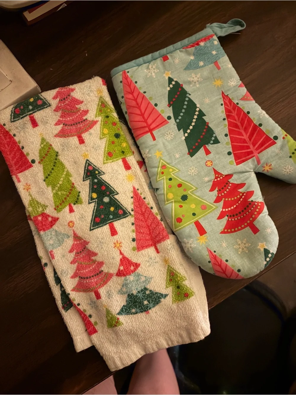 Festive Christmas Tree Kitchen Towel and Oven Mitt Set - Aqua, Red, Green